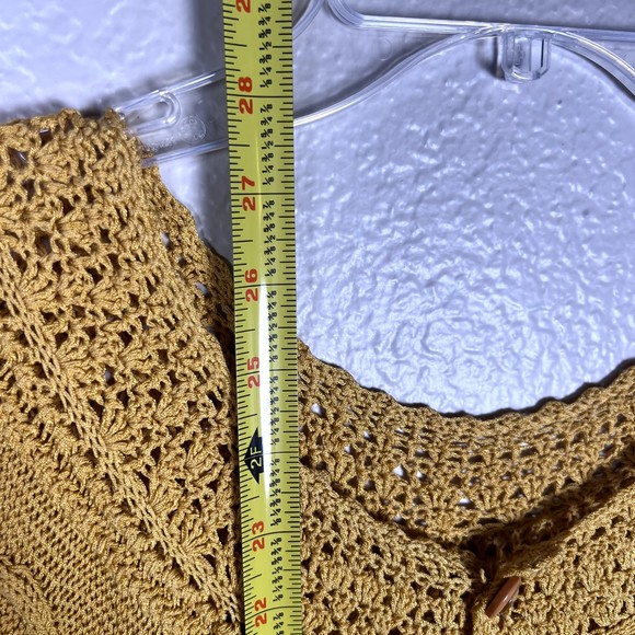 Sz XS Short-Sleeve Button-Up Blouse Mustard Yellow Open-Knit Eyelet - Picture 9 of 11